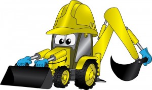 Funny cartoon picture with tractor or excavator in helmet